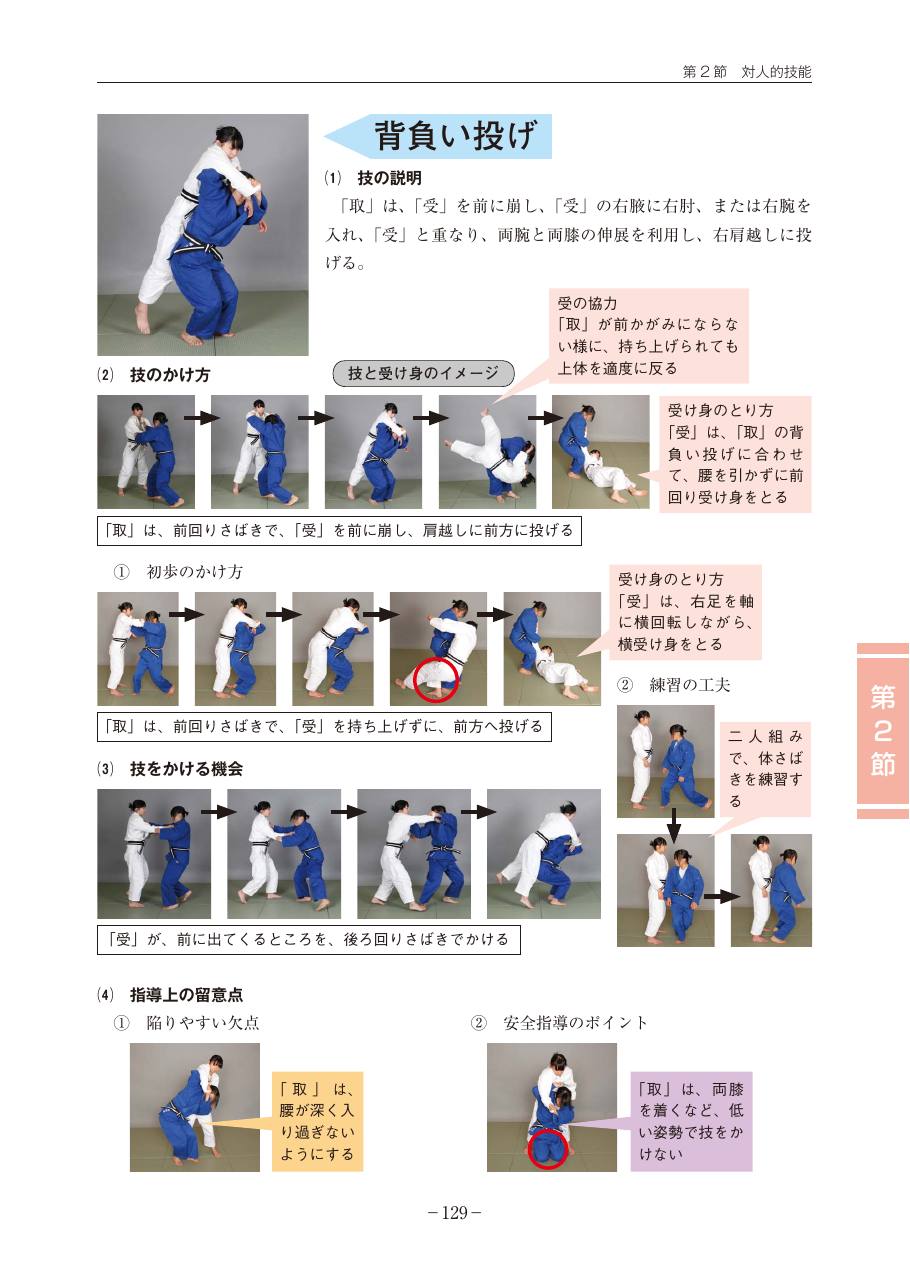 Page 129 of the MEXT judo teaching guide, in Japanese, with photograph sequences of the technique.