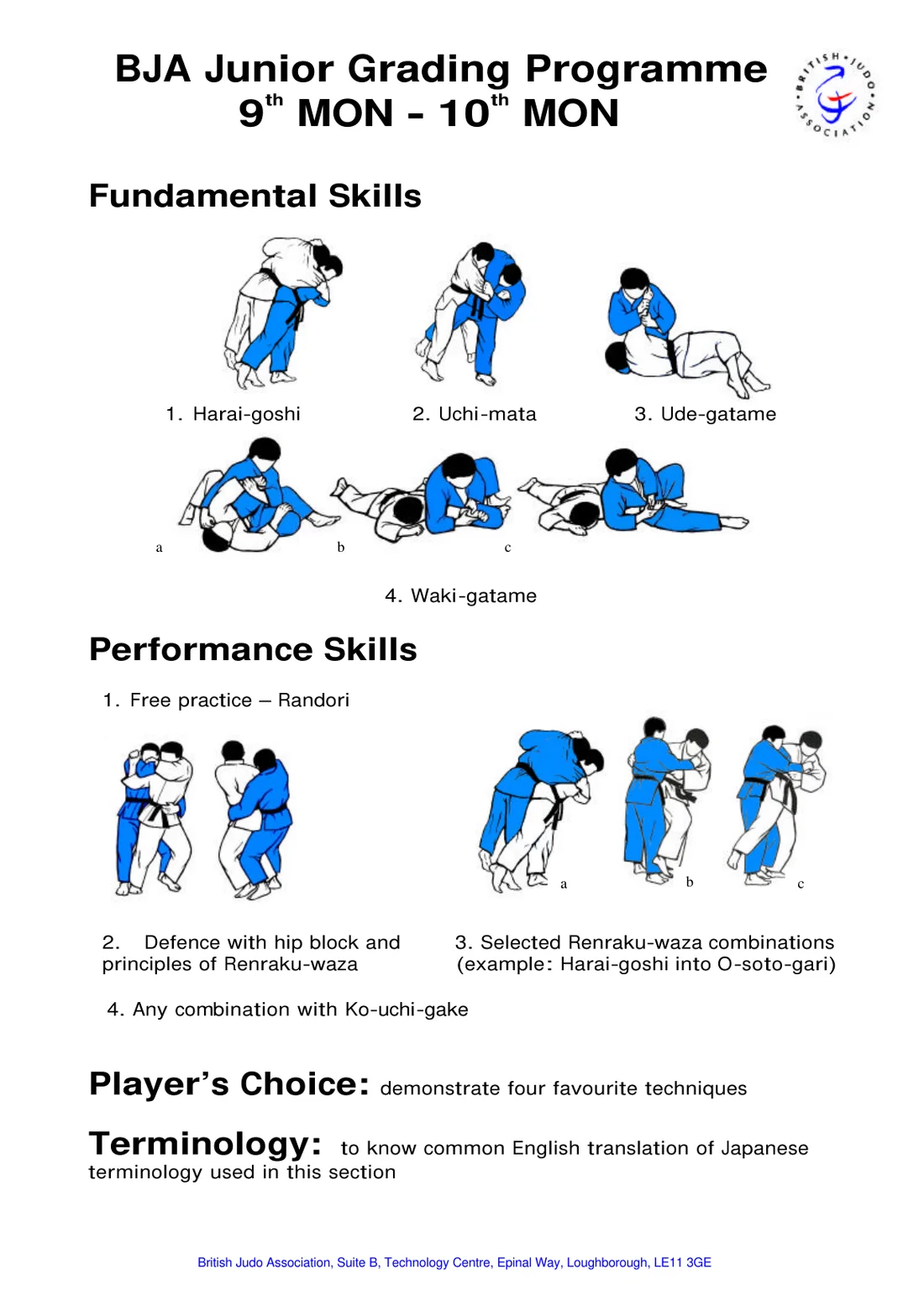 Pictorial syllabus sheet for the 9th Mon to 10th Mon grading, with step-by-step drawings of each required skill.