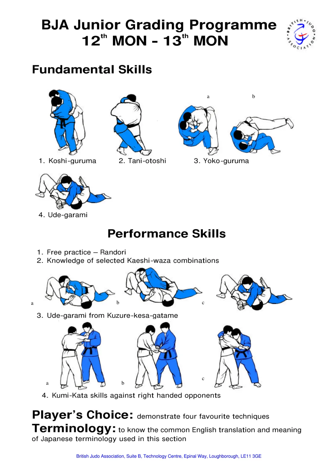 Pictorial syllabus sheet for the 12th Mon to 13th Mon grading, with step-by-step drawings of each required skill.