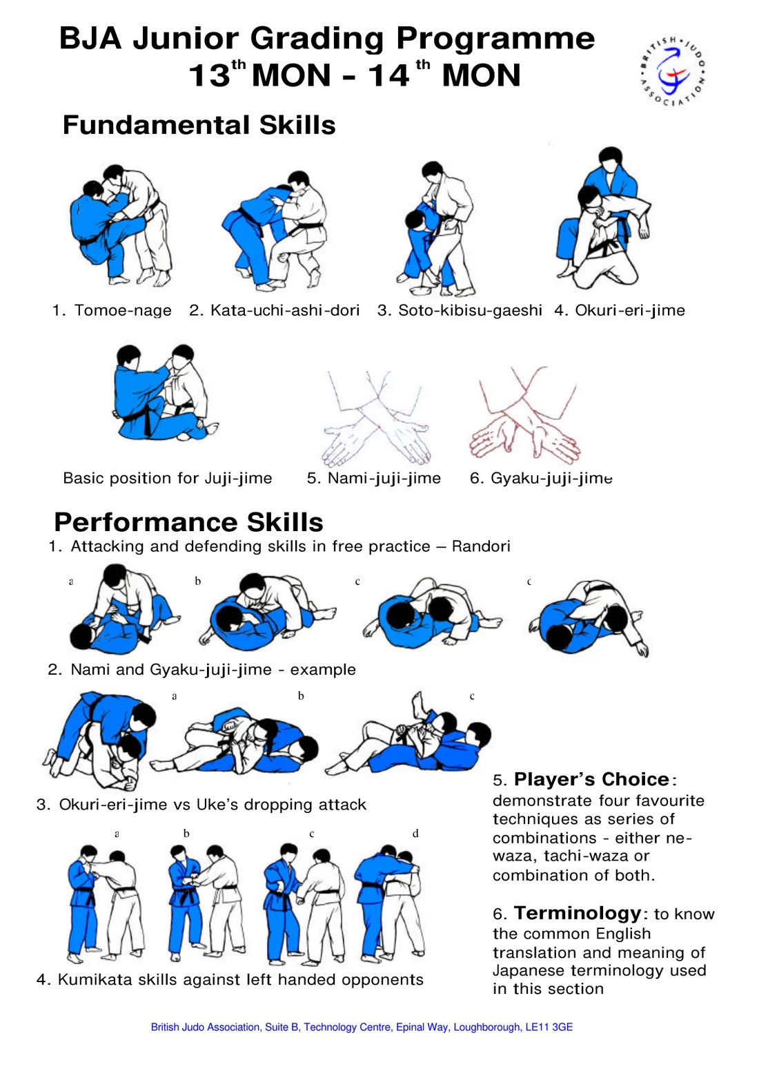 Pictorial syllabus sheet for the 13th Mon to 14th Mon grading, with step-by-step drawings of each required skill.