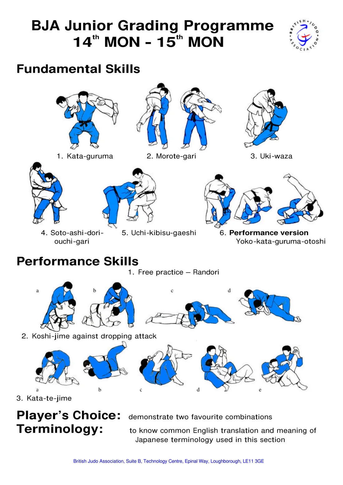 Pictorial syllabus sheet for the 14th Mon to 15th Mon grading, with step-by-step drawings of each required skill.