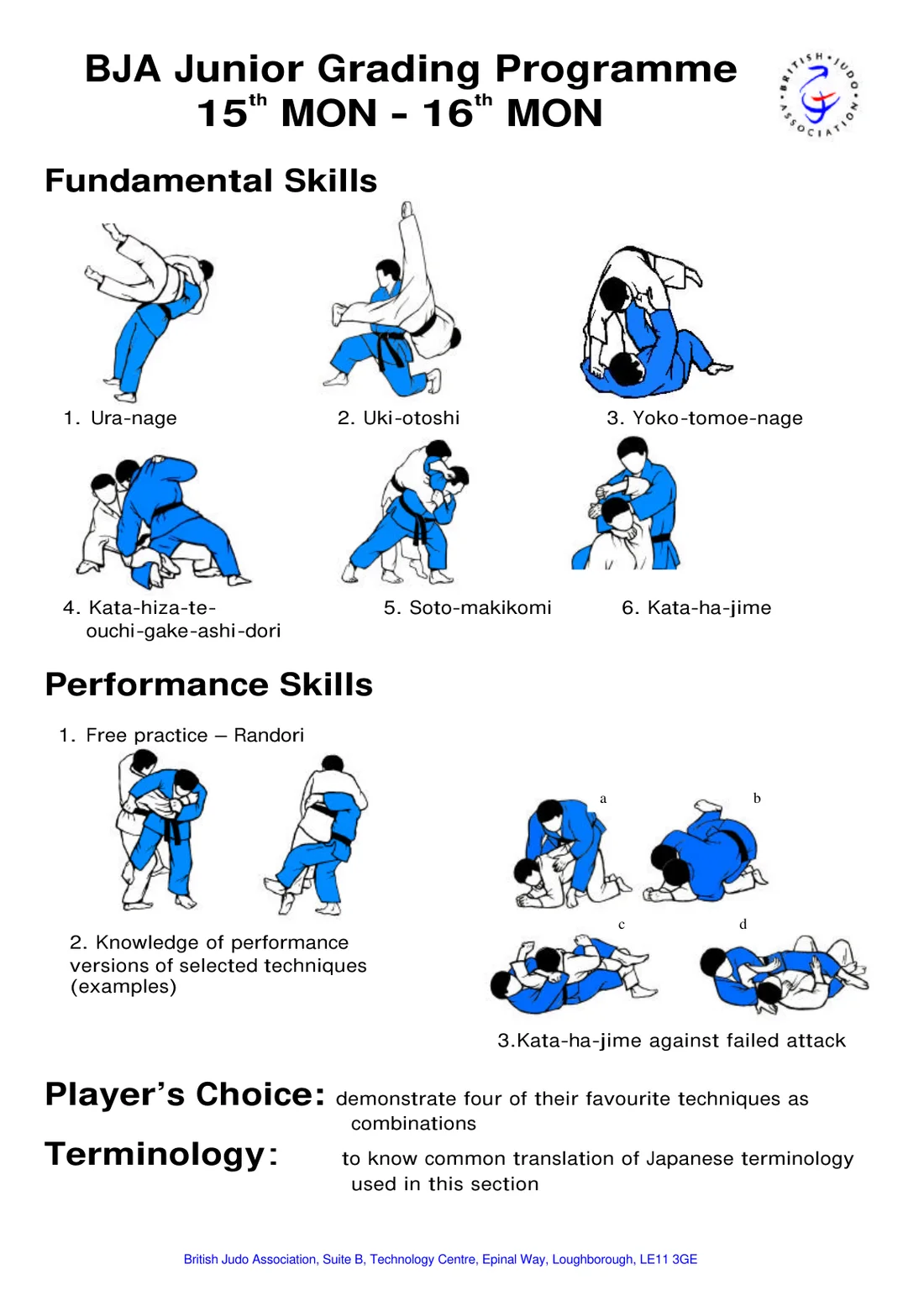 Pictorial syllabus sheet for the 15th Mon to 16th Mon grading, with step-by-step drawings of each required skill.