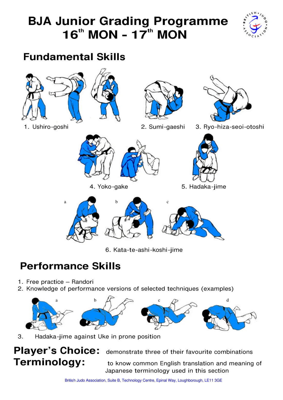 Pictorial syllabus sheet for the 16th Mon to 17th Mon grading, with step-by-step drawings of each required skill.