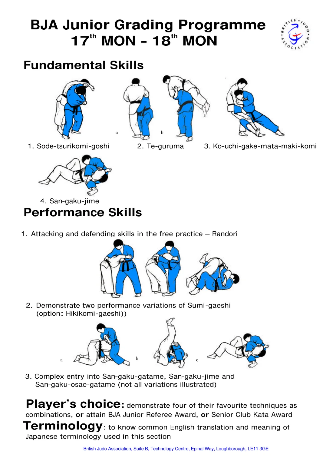 Pictorial syllabus sheet for the 17th Mon to 18th Mon grading, with step-by-step drawings of each required skill.