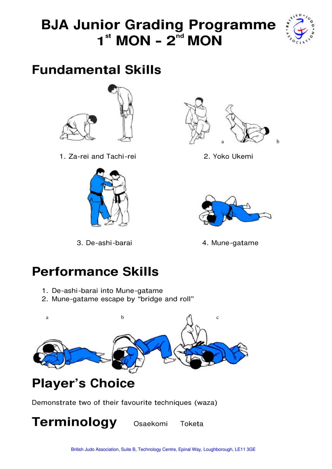 Pictorial syllabus sheet for the 1st Mon to 2nd Mon grading, with step-by-step drawings of each required skill.