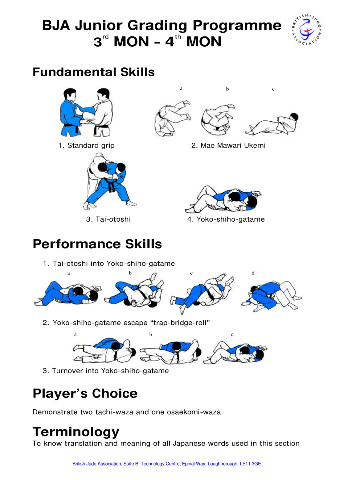 Pictorial syllabus sheet for the 3rd Mon to 4th Mon grading, with step-by-step drawings of each required skill.
