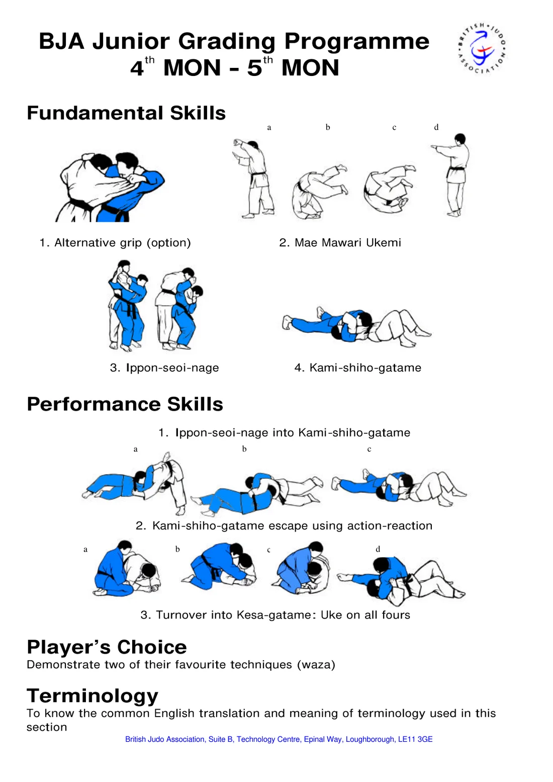 Pictorial syllabus sheet for the 4th Mon to 5th Mon grading, with step-by-step drawings of each required skill.