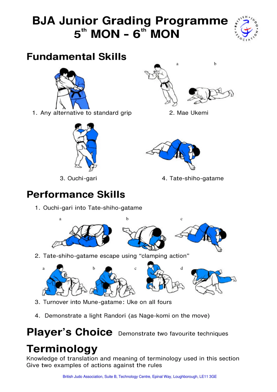 Pictorial syllabus sheet for the 5th Mon to 6th Mon grading, with step-by-step drawings of each required skill.