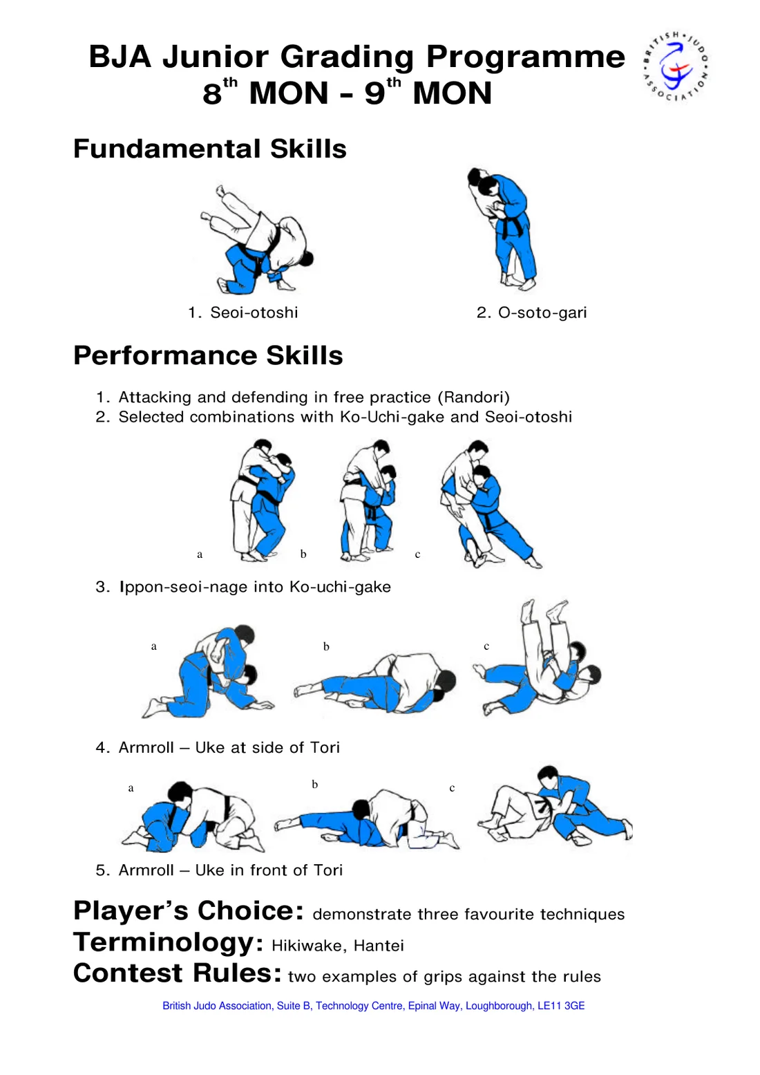 Pictorial syllabus sheet for the 8th Mon to 9th Mon grading, with step-by-step drawings of each required skill.