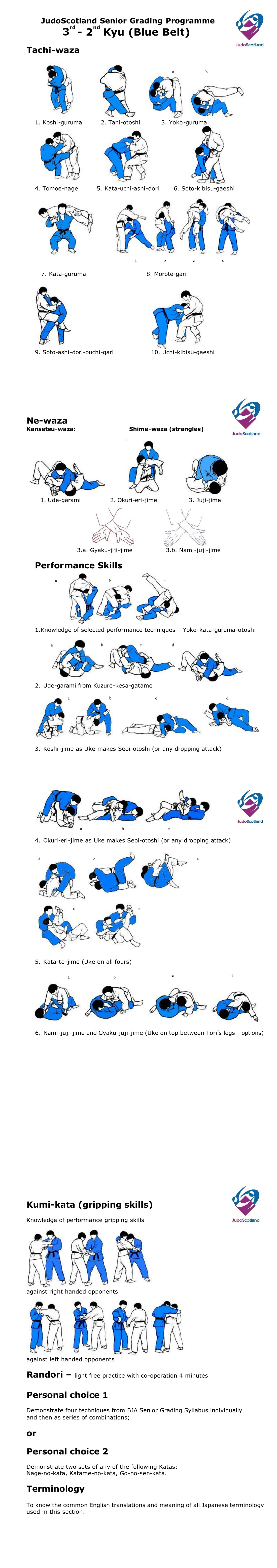 Pictorial guide pages for the 3rd Kyu to 2nd Kyu grading, with step-by-step drawings of the required skills. The guide is an older companion to the written syllabus and differs from it in the later grades.