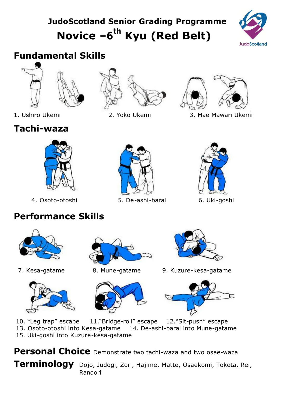 Pictorial guide pages for the Novice to 6th Kyu grading, with step-by-step drawings of the required skills. The guide is an older companion to the written syllabus and differs from it in the later grades.