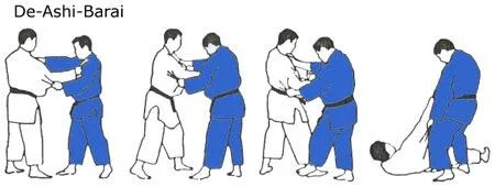 Illustrated sequence of De-ashi-harai, the advancing foot sweep.