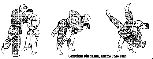 Illustrated sequence of Hane-goshi, the spring hip throw.