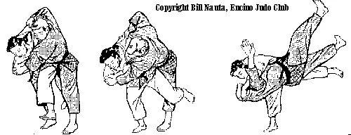 Illustrated sequence of Harai-goshi, the sweeping hip throw.