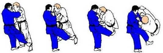 Illustrated sequence of Harai-tsurikomi-ashi, the sweeping drawing ankle throw.