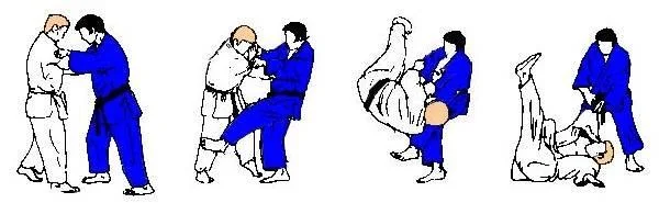 Illustrated sequence of Hiza-guruma, the knee wheel.