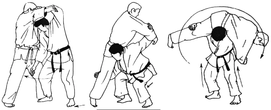 Illustrated sequence of Kata-guruma, the shoulder wheel.