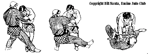 Illustrated sequence of Ko-uchi-gari, the minor inner reap.