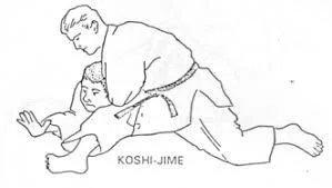 Illustrated sequence of Koshi-jime, the hip strangle.