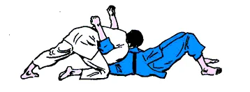 Illustrated sequence of Kuzure-kami-shiho-gatame, the modified upper four-quarter hold.