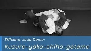 Illustrated sequence of Kuzure-yoko-shiho-gatame, the modified side four-quarter hold.