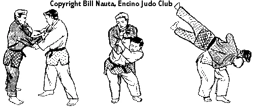 Illustrated sequence of Seoi-nage, the shoulder throw.
