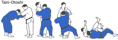 Illustrated sequence of Tani-otoshi, the valley drop.